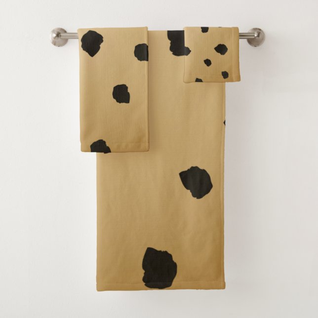 Modern Black Spot Goldenrod Gold Beige Tan Bath Towel Set (Insitu)