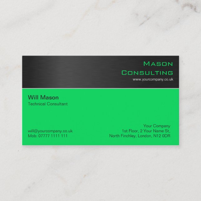 Modern Black Steel and Green Business Card (Front)