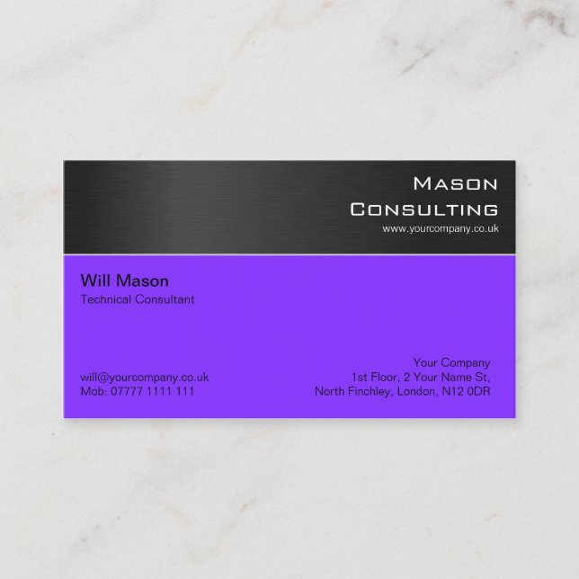 Modern Black Steel and Purple Business Card (Front)