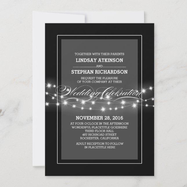 modern black string lights wedding invitation (Front)