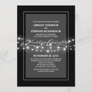 modern black string lights wedding invitation