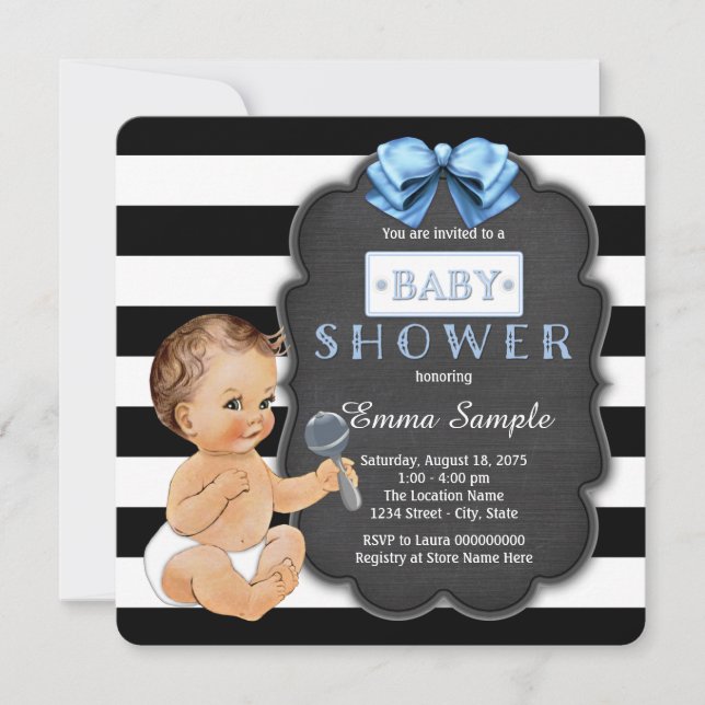 Modern Black Stripe Boys Chalkboard Baby Shower Invitation (Front)