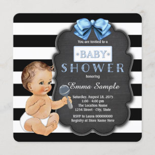Modern Black Stripe Boys Chalkboard Baby Shower Invitation