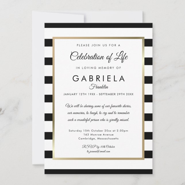 Modern Black Stripe Celebration of Life Funeral In Invitation (Front)