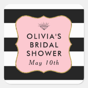 Modern Black Stripe, Gold Tag, Pink Favour Square Sticker