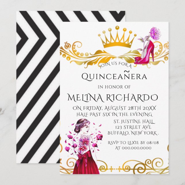 Modern Black Stripe Pink Fashion Quinceanera Party Invitation (Front/Back)