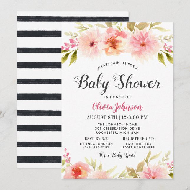 Modern Black Stripe Pink Floral Girl Shower Invitation (Front/Back)