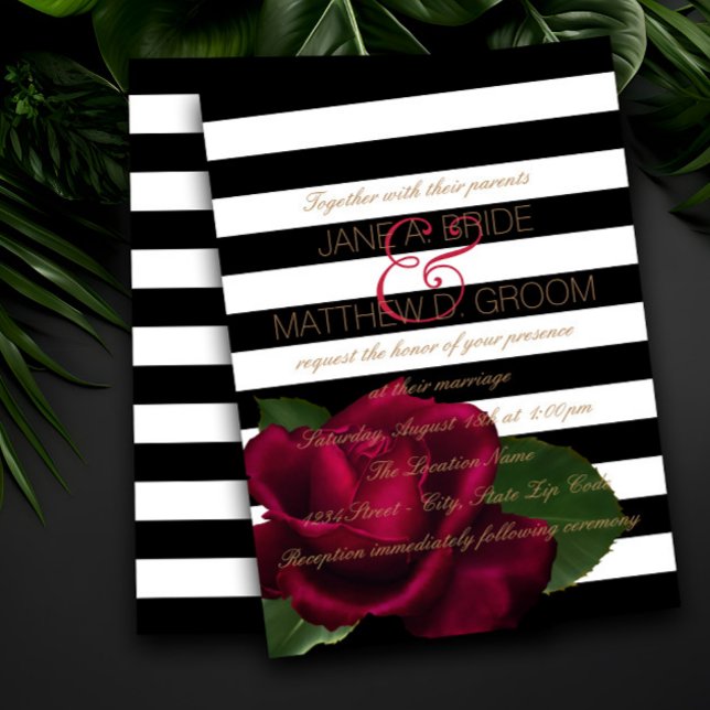 Modern Black Stripe Rose Red Black Wedding Invitation (Creator Uploaded)