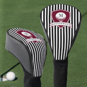 Modern Black Striped Red Golfer Name Monogram Golf Head Cover