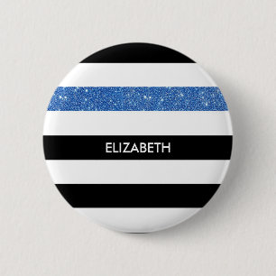 Modern Black Stripes FAUX Blue Glitz and Name 6 Cm Round Badge