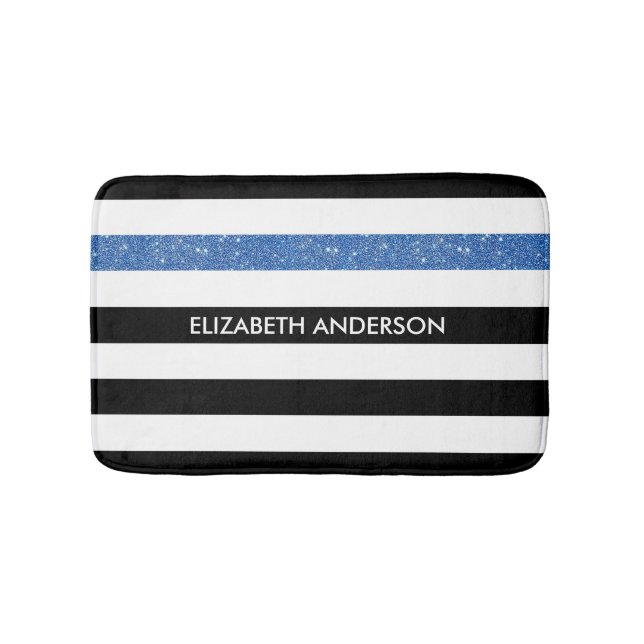 Modern Black Stripes FAUX Blue Glitz and Name Bath Mat (Front)