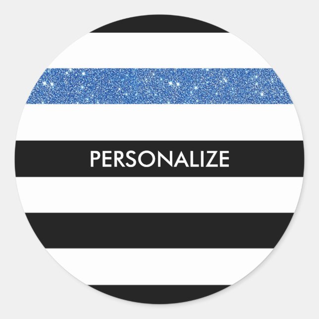 Modern Black Stripes FAUX Blue Glitz and Name Classic Round Sticker (Front)