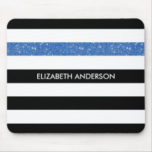 Modern Black Stripes FAUX Blue Glitz and Name Mouse Mat
