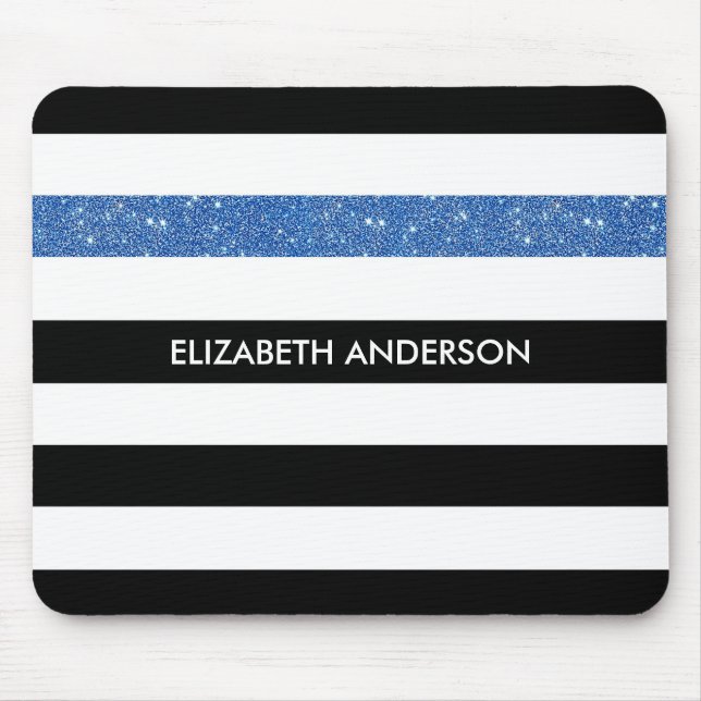 Modern Black Stripes FAUX Blue Glitz and Name Mouse Mat (Front)