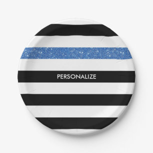 Modern Black Stripes FAUX Blue Glitz and Name Paper Plate