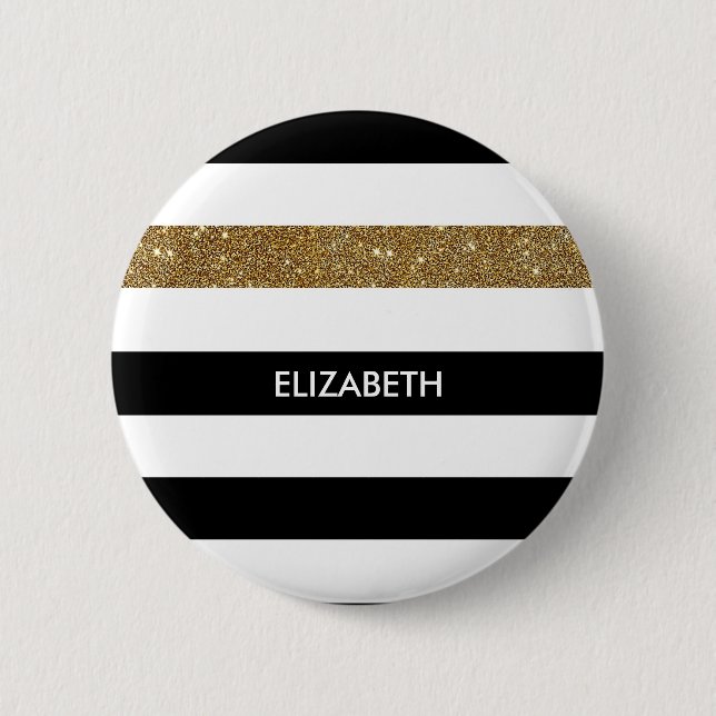 Modern Black Stripes FAUX Gold Glitz and Name 6 Cm Round Badge (Front)