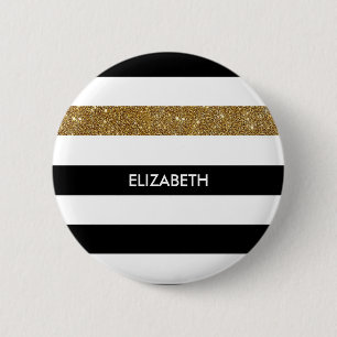 Modern Black Stripes FAUX Gold Glitz and Name 6 Cm Round Badge