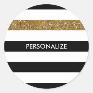 Modern Black Stripes FAUX Gold Glitz and Name Classic Round Sticker