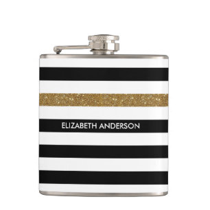 Modern Black Stripes FAUX Gold Glitz and Name Hip Flask