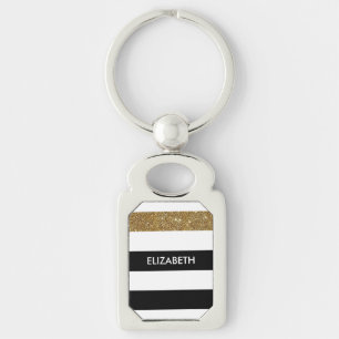Modern Black Stripes FAUX Gold Glitz and Name Key Ring