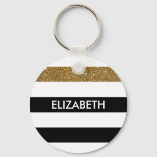 Modern Black Stripes FAUX Gold Glitz and Name Key Ring