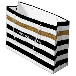 Modern Black Stripes FAUX Gold Glitz and Name Large Gift Bag