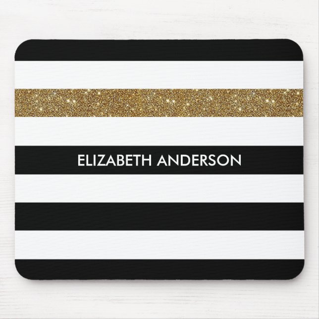 Modern Black Stripes FAUX Gold Glitz and Name Mouse Mat (Front)