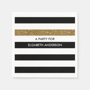 Modern Black Stripes FAUX Gold Glitz and Name Napkin