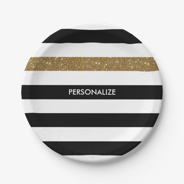 Modern Black Stripes FAUX Gold Glitz and Name Paper Plate (Front)