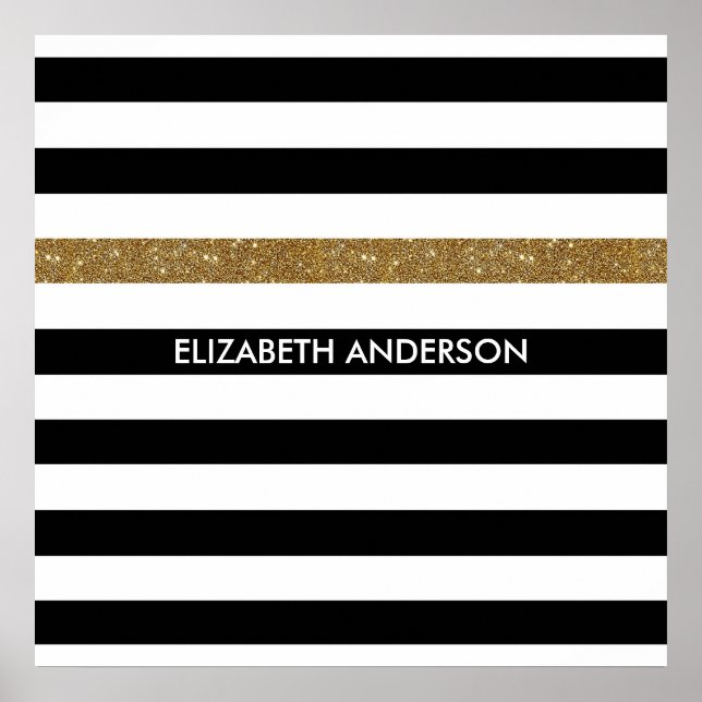 Modern Black Stripes FAUX Gold Glitz and Name Poster (Front)