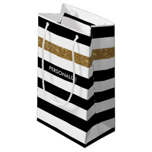 Modern Black Stripes FAUX Gold Glitz and Name Small Gift Bag