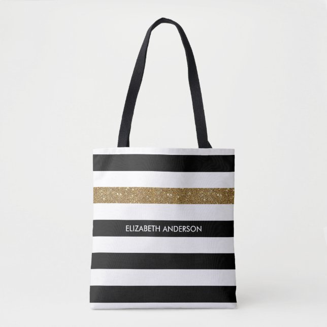 Modern Black Stripes FAUX Gold Glitz and Name Tote Bag (Front)