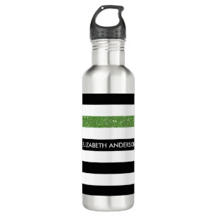Modern Black Stripes FAUX Green Glitz and Name 710 Ml Water Bottle