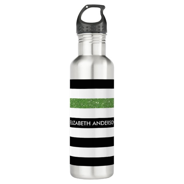 Modern Black Stripes FAUX Green Glitz and Name 710 Ml Water Bottle (Front)