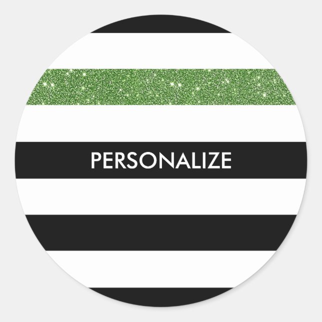 Modern Black Stripes FAUX Green Glitz and Name Classic Round Sticker (Front)