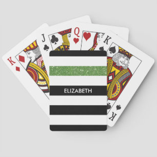 Modern Black Stripes FAUX Green Glitz and Name Playing Cards