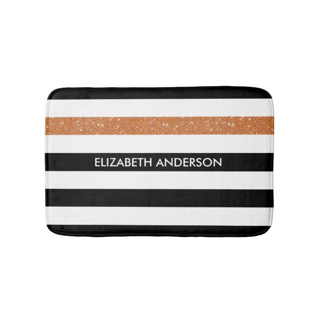 Modern Black Stripes FAUX Orange Glitz and Name Bath Mat (Front)