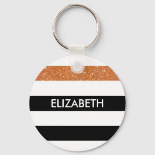 Modern Black Stripes FAUX Orange Glitz and Name Key Ring
