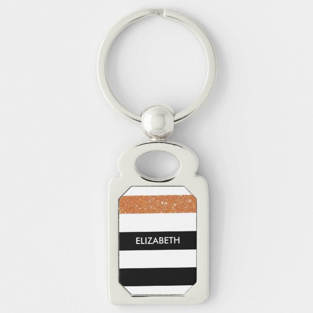 Modern Black Stripes FAUX Orange Glitz and Name Key Ring (Front)