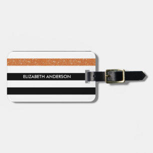 Modern Black Stripes FAUX Orange Glitz and Name Luggage Tag