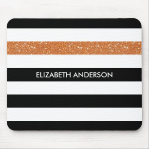 Modern Black Stripes FAUX Orange Glitz and Name Mouse Mat