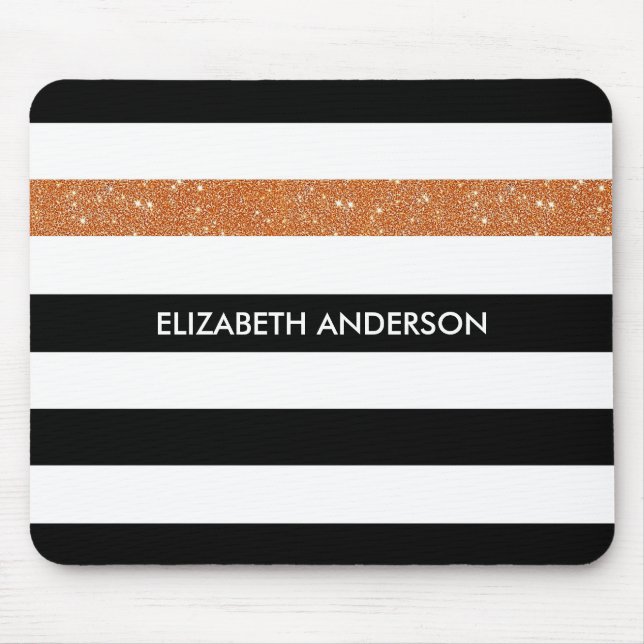 Modern Black Stripes FAUX Orange Glitz and Name Mouse Mat (Front)