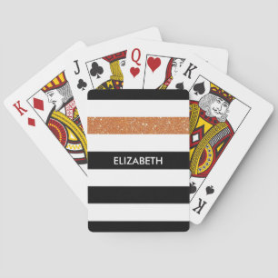 Modern Black Stripes FAUX Orange Glitz and Name Playing Cards