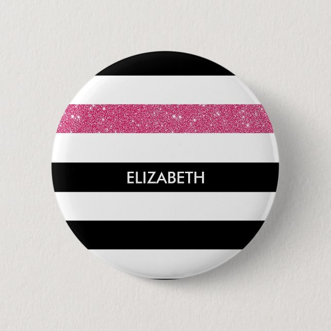 Modern Black Stripes FAUX Pink Glitz and Name 6 Cm Round Badge (Front)