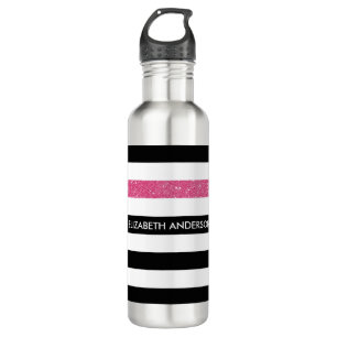 Modern Black Stripes FAUX Pink Glitz and Name 710 Ml Water Bottle