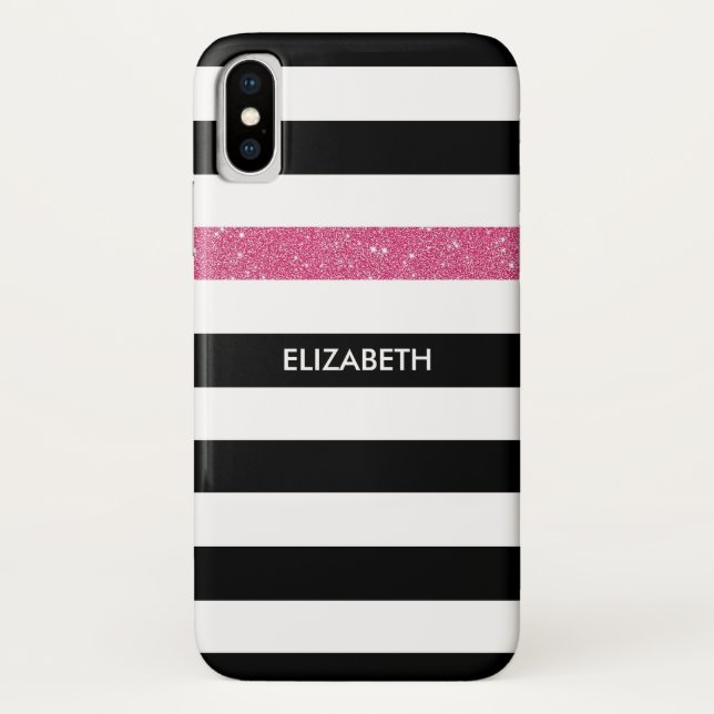 Modern Black Stripes FAUX Pink Glitz and Name Case-Mate iPhone Case (Back)
