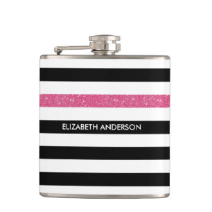 Modern Black Stripes FAUX Pink Glitz and Name Hip Flask