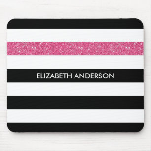 Modern Black Stripes FAUX Pink Glitz and Name Mouse Mat
