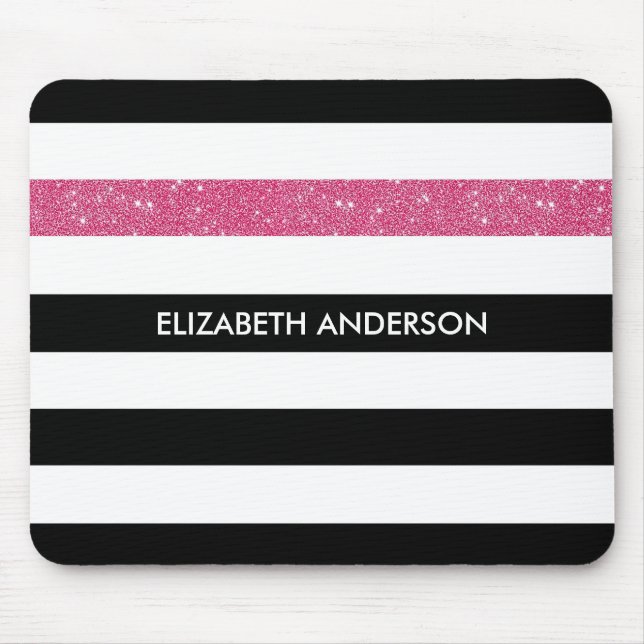 Modern Black Stripes FAUX Pink Glitz and Name Mouse Mat (Front)