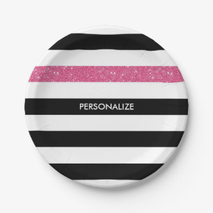 Modern Black Stripes FAUX Pink Glitz and Name Paper Plate